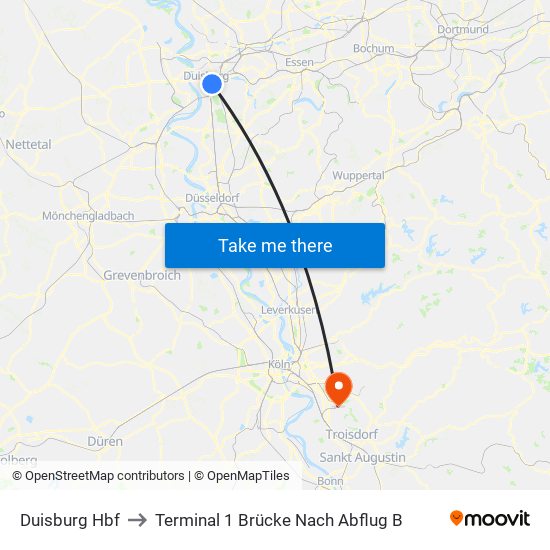 Duisburg Hbf to Terminal 1 Brücke Nach Abflug B map