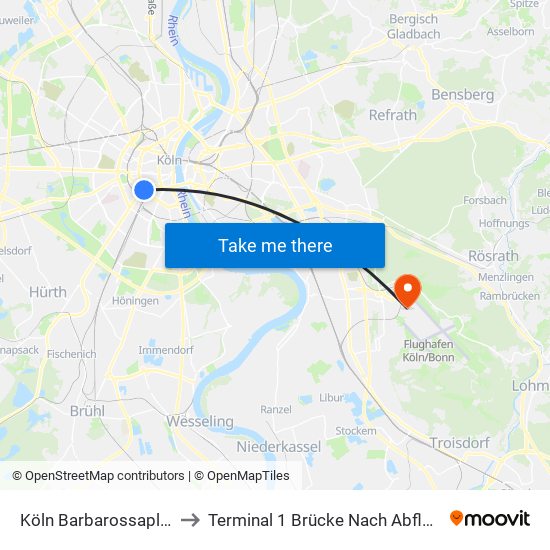 Köln Barbarossaplatz to Terminal 1 Brücke Nach Abflug B map