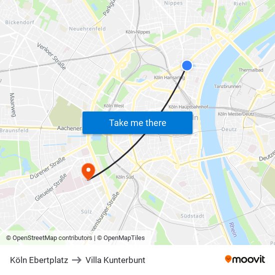 Köln Ebertplatz to Villa Kunterbunt map