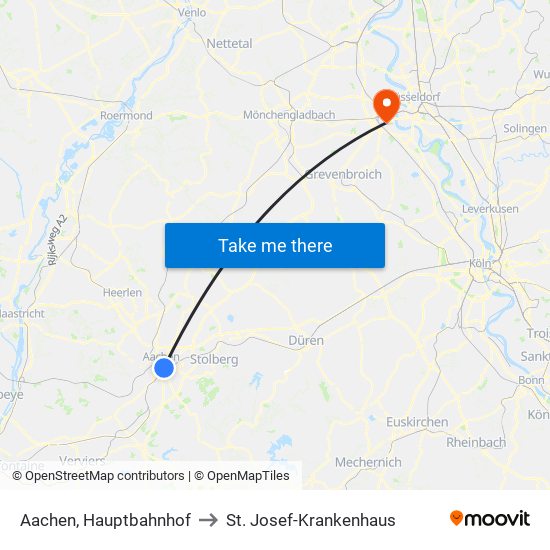 Aachen, Hauptbahnhof to St. Josef-Krankenhaus map