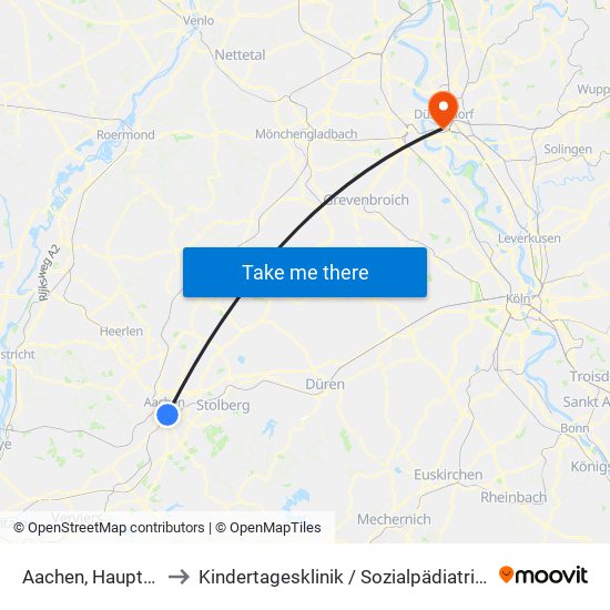 Aachen, Hauptbahnhof to Kindertagesklinik / Sozialpädiatrisches Zentrum map