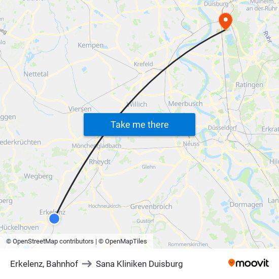 Erkelenz, Bahnhof to Sana Kliniken Duisburg map
