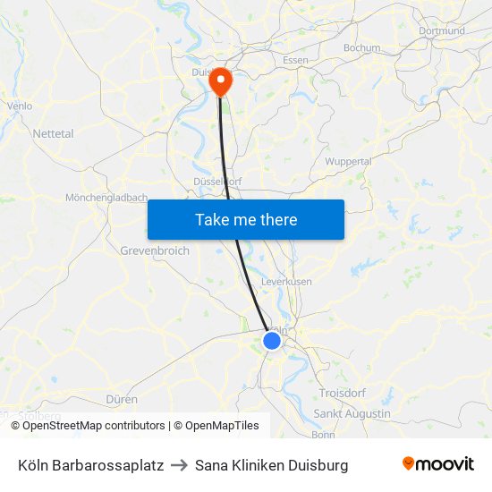 Köln Barbarossaplatz to Sana Kliniken Duisburg map