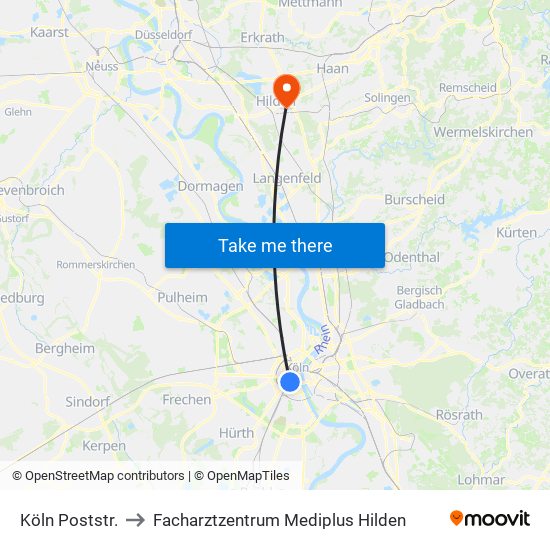 Köln Poststr. to Facharztzentrum Mediplus Hilden map
