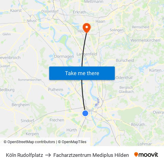 Köln Rudolfplatz to Facharztzentrum Mediplus Hilden map