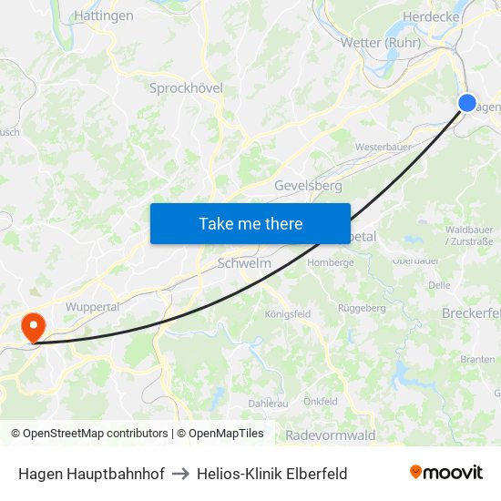Hagen Hauptbahnhof to Helios-Klinik Elberfeld map