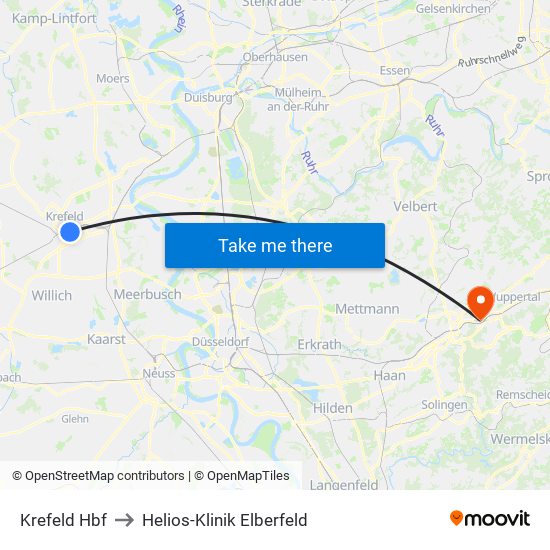 Krefeld Hbf to Helios-Klinik Elberfeld map