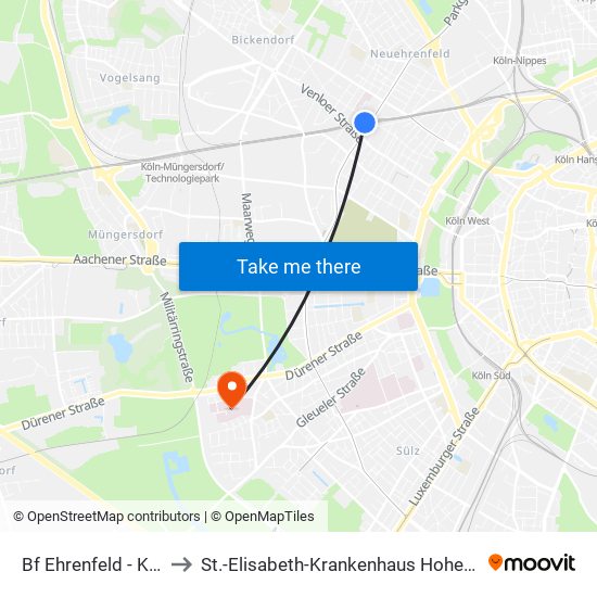 Bf Ehrenfeld - Köln to St.-Elisabeth-Krankenhaus Hohenlind map
