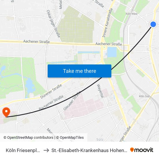 Köln Friesenplatz to St.-Elisabeth-Krankenhaus Hohenlind map