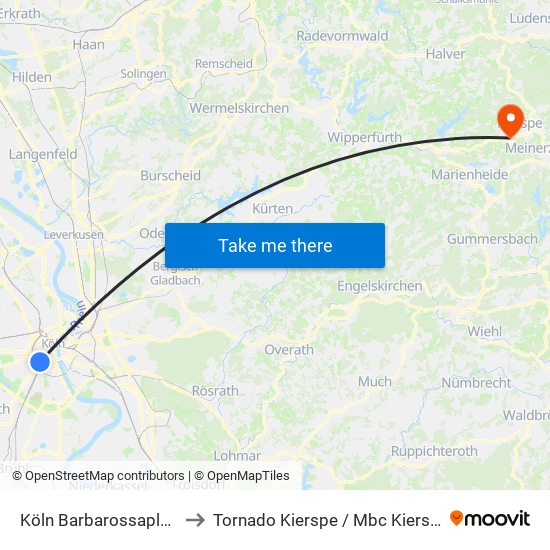 Köln Barbarossaplatz to Tornado Kierspe / Mbc Kierspe map