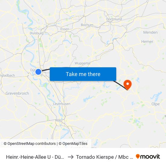 Heinr.-Heine-Allee U - Düsseldorf to Tornado Kierspe / Mbc Kierspe map