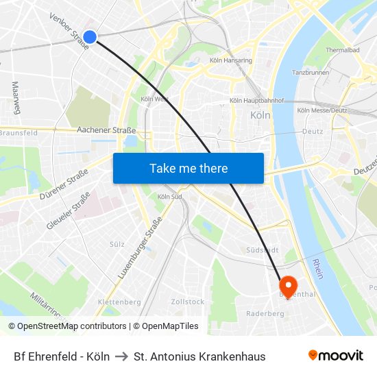 Bf Ehrenfeld - Köln to St. Antonius Krankenhaus map