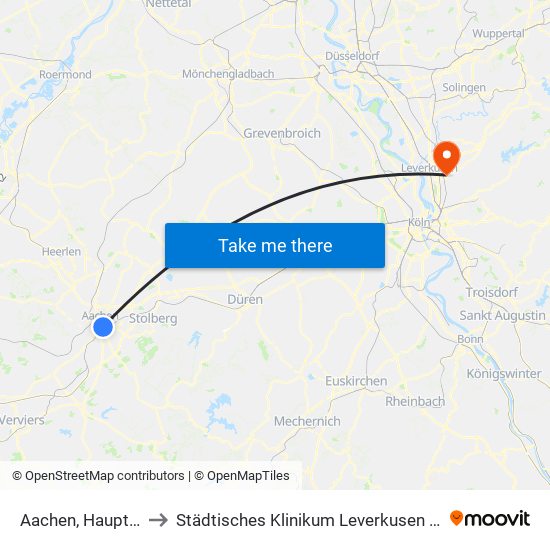 Aachen, Hauptbahnhof to Städtisches Klinikum Leverkusen - Kinderklinikum map