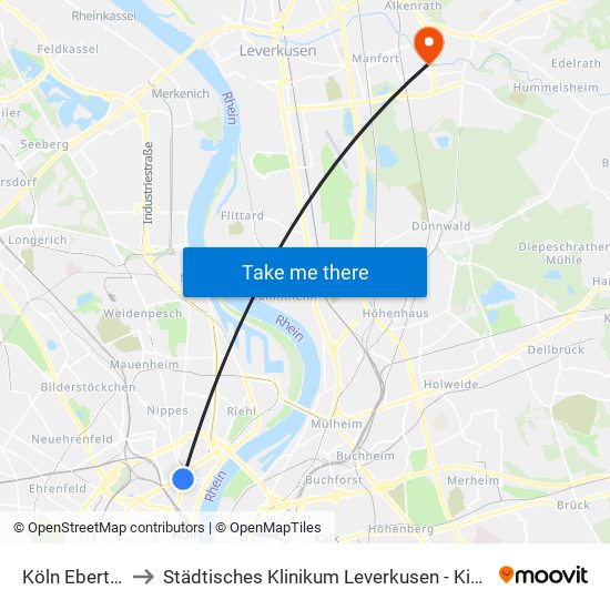 Köln Ebertplatz to Städtisches Klinikum Leverkusen - Kinderklinikum map