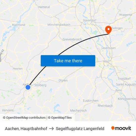 Aachen, Hauptbahnhof to Segelflugplatz Langenfeld map