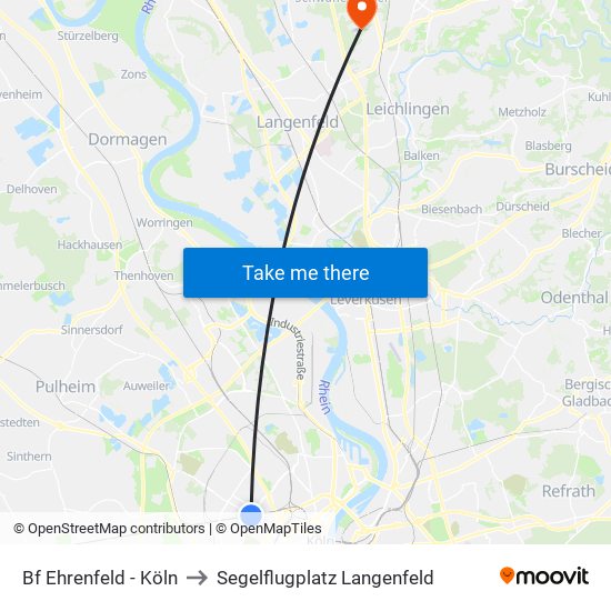 Bf Ehrenfeld - Köln to Segelflugplatz Langenfeld map