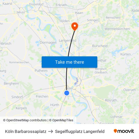 Köln Barbarossaplatz to Segelflugplatz Langenfeld map