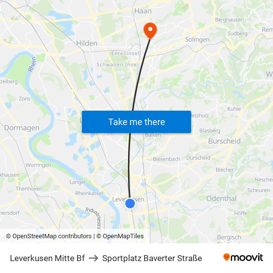 Leverkusen Mitte Bf to Sportplatz Baverter Straße map