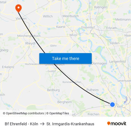 Bf Ehrenfeld - Köln to St. Irmgardis-Krankenhaus map