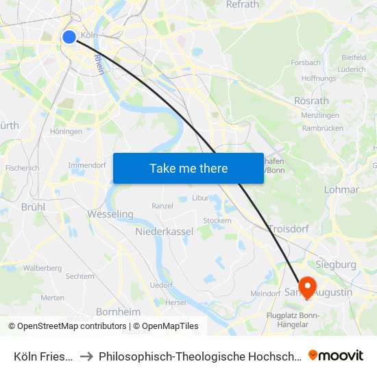 Köln Friesenplatz to Philosophisch-Theologische Hochschule Svd St. Augustin map