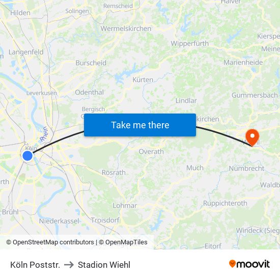 Köln Poststr. to Stadion Wiehl map