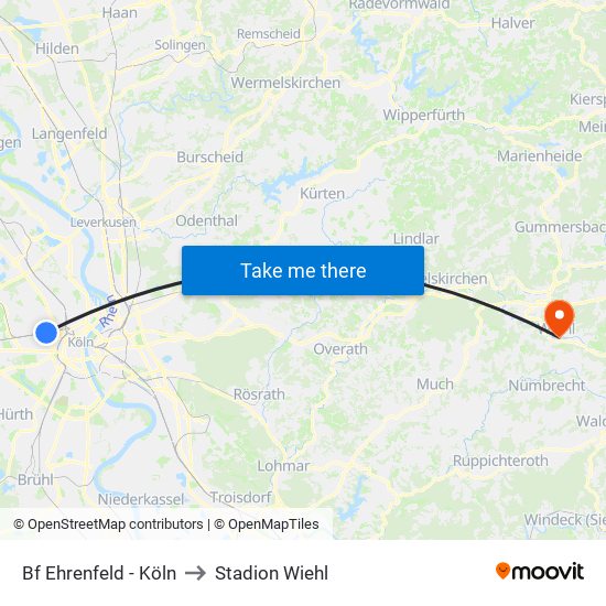 Bf Ehrenfeld - Köln to Stadion Wiehl map