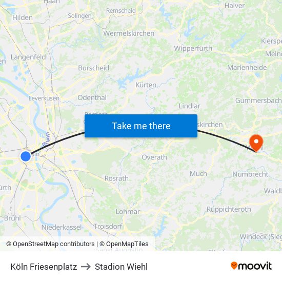 Köln Friesenplatz to Stadion Wiehl map