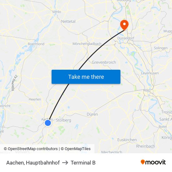 Aachen, Hauptbahnhof to Terminal B map