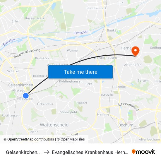 Gelsenkirchen Hbf to Evangelisches Krankenhaus Herne Mitte map
