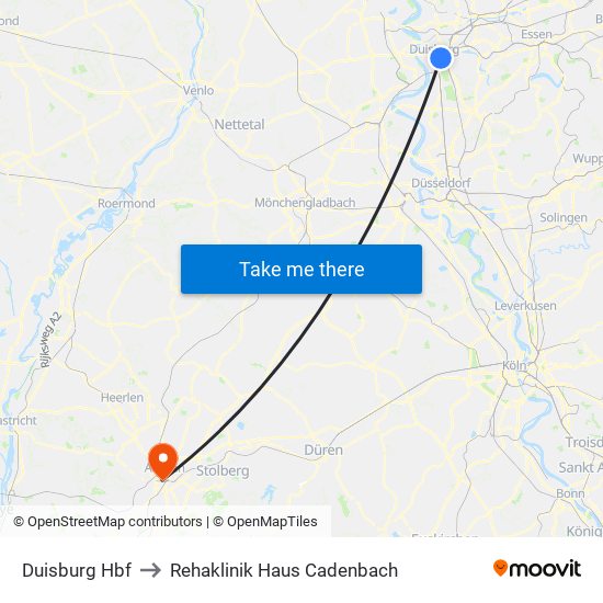 Duisburg Hbf to Rehaklinik Haus Cadenbach map