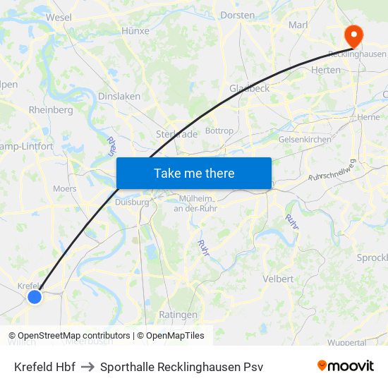 Krefeld Hbf to Sporthalle Recklinghausen Psv map