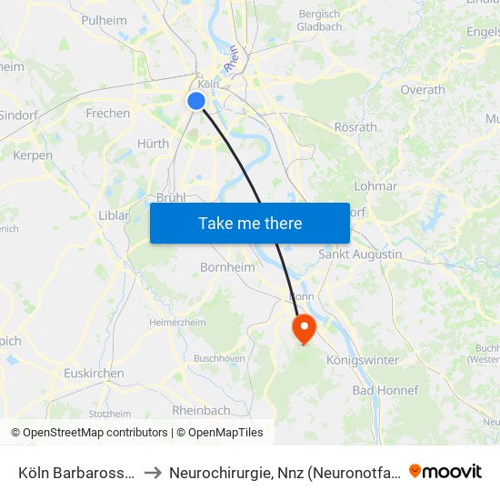 Köln Barbarossaplatz to Neurochirurgie, Nnz (Neuronotfallzentrum) map