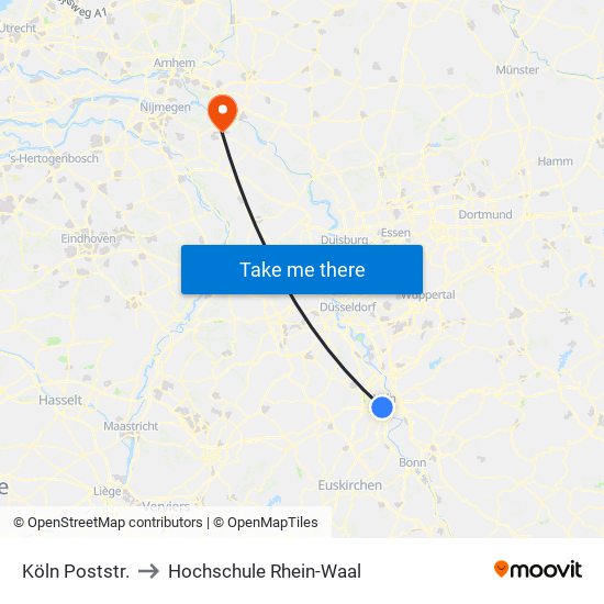 Köln Poststr. to Hochschule Rhein-Waal map