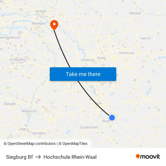 Siegburg Bf to Hochschule Rhein-Waal map