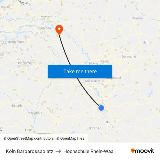 Köln Barbarossaplatz to Hochschule Rhein-Waal map