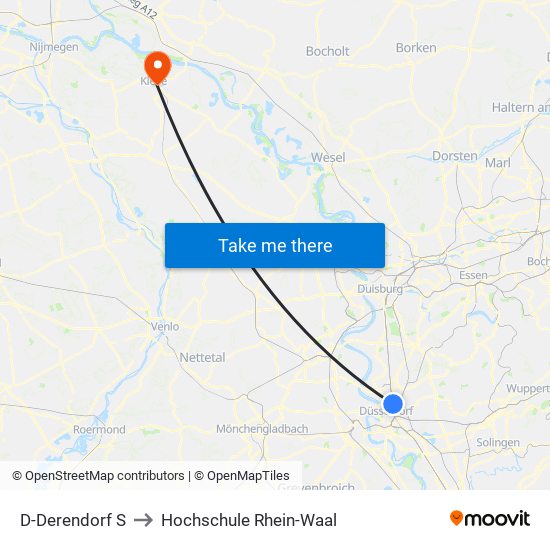 D-Derendorf S to Hochschule Rhein-Waal map