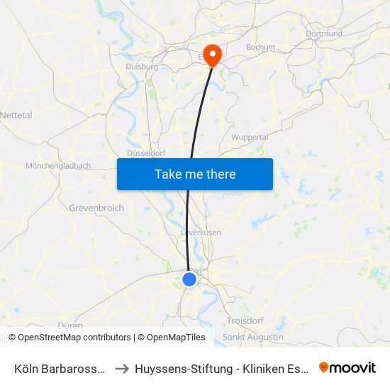 Köln Barbarossaplatz to Huyssens-Stiftung - Kliniken Essen-Mitte map