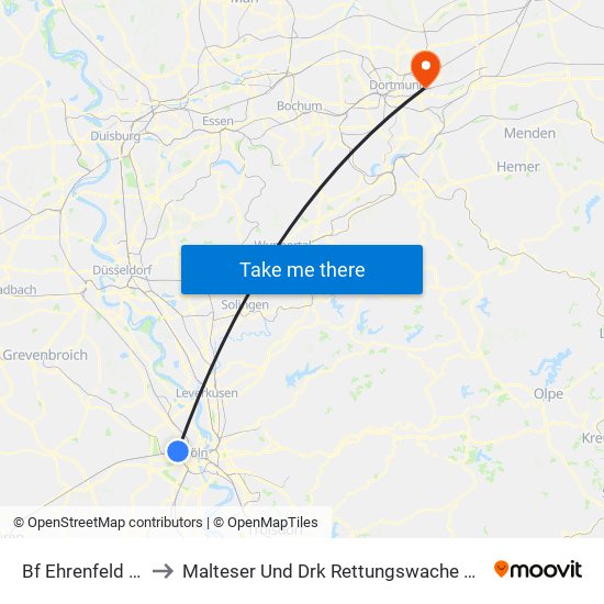 Bf Ehrenfeld - Köln to Malteser Und Drk Rettungswache 13 - Brackel map