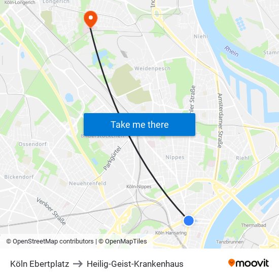 Köln Ebertplatz to Heilig-Geist-Krankenhaus map