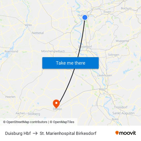 Duisburg Hbf to St. Marienhospital Birkesdorf map