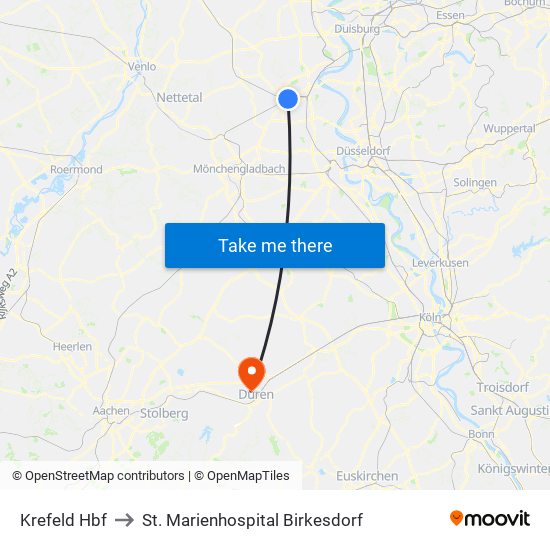 Krefeld Hbf to St. Marienhospital Birkesdorf map