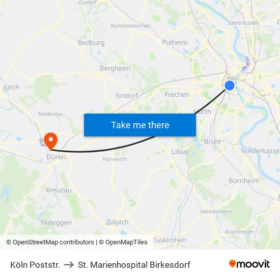 Köln Poststr. to St. Marienhospital Birkesdorf map
