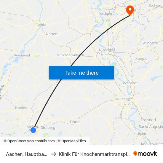 Aachen, Hauptbahnhof to Klinik Für Knochenmarktransplantation map