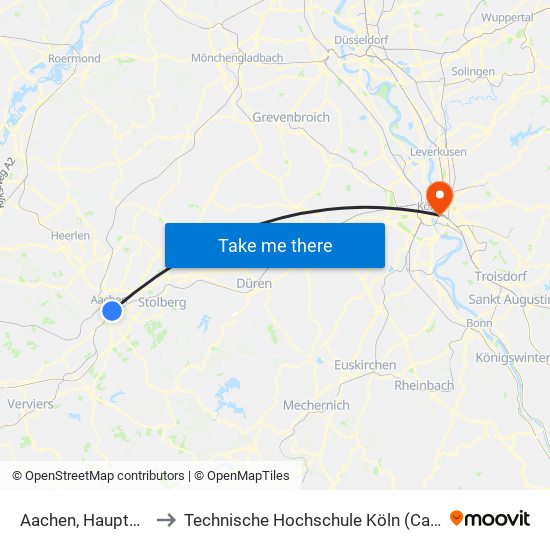 Aachen, Hauptbahnhof to Technische Hochschule Köln (Campus Deutz) map