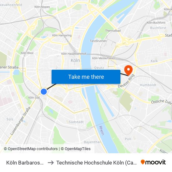 Köln Barbarossaplatz to Technische Hochschule Köln (Campus Deutz) map