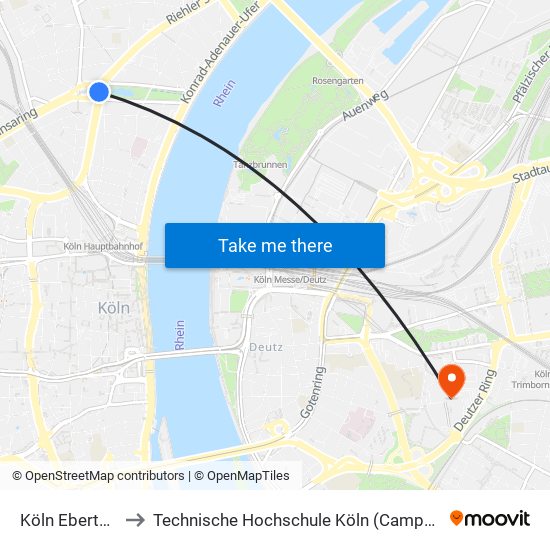 Köln Ebertplatz to Technische Hochschule Köln (Campus Deutz) map