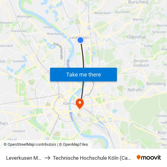 Leverkusen Mitte Bf to Technische Hochschule Köln (Campus Deutz) map