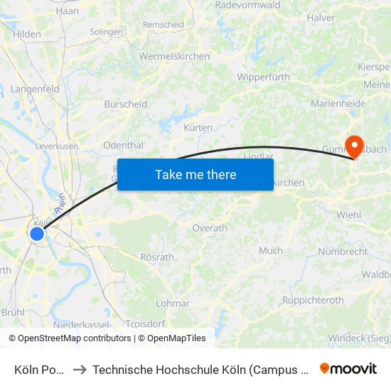 Köln Poststr. to Technische Hochschule Köln (Campus Gummersbach) map