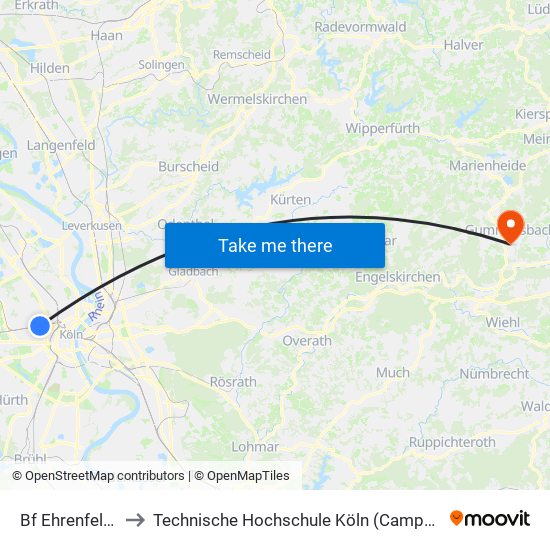 Bf Ehrenfeld - Köln to Technische Hochschule Köln (Campus Gummersbach) map