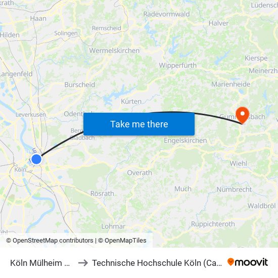 Köln Mülheim Wiener Platz to Technische Hochschule Köln (Campus Gummersbach) map